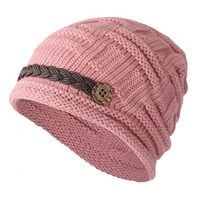 ELACUCOS Women Winter Beanie Cabled Checker Pattern Knit Hat Button Strap Cap
